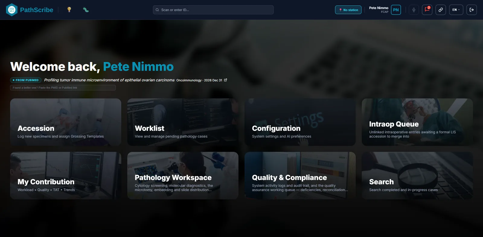 PathScribe home screen with tiles for Accession, Worklist, Configuration, Intraop Queue, My Contribution, Pathology Workspace, Quality and Compliance, and Search